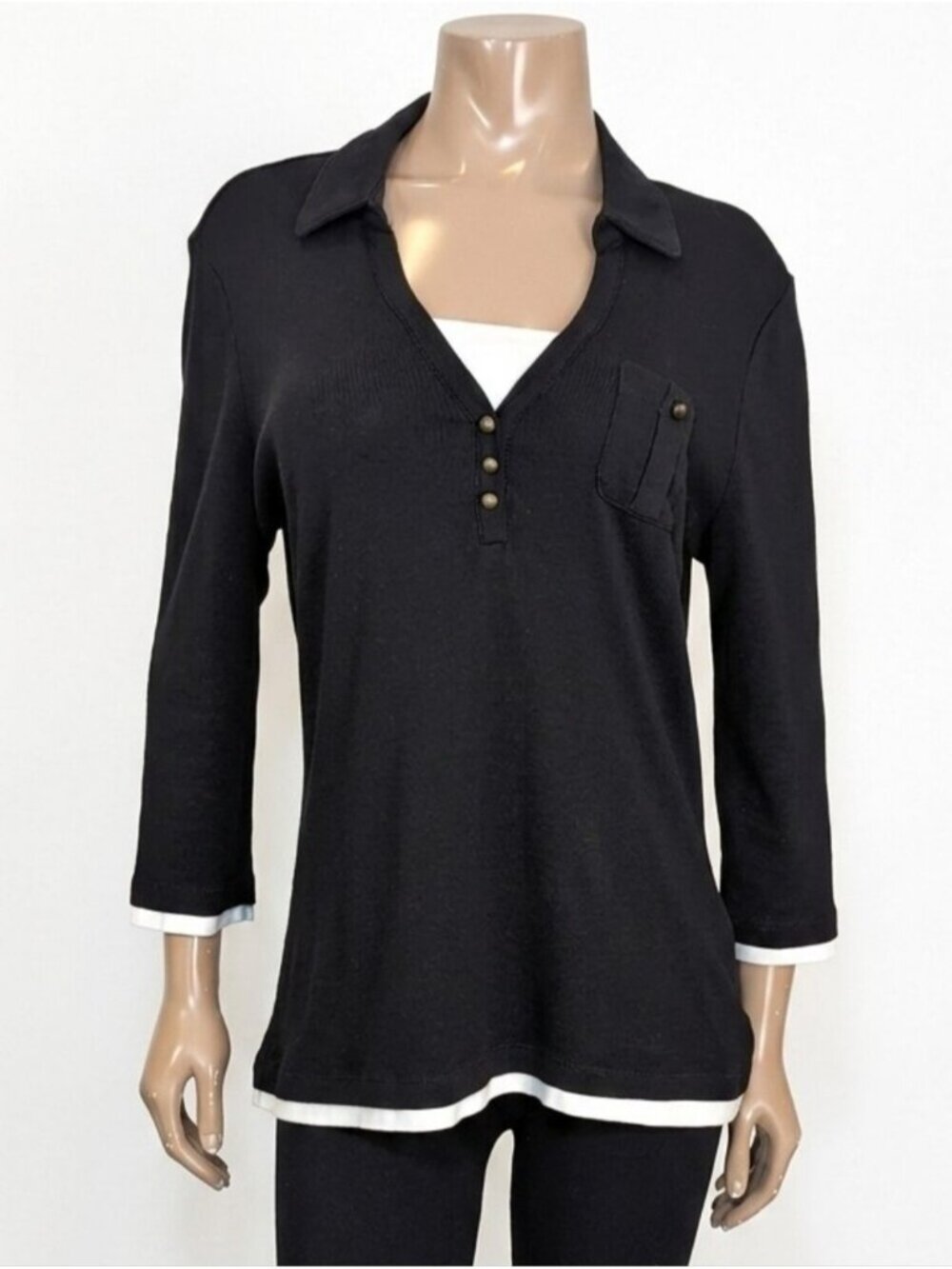 Reitmans Black Faux Layered Henley Knit Polo Top Womens Size XL Cropped Sleeve